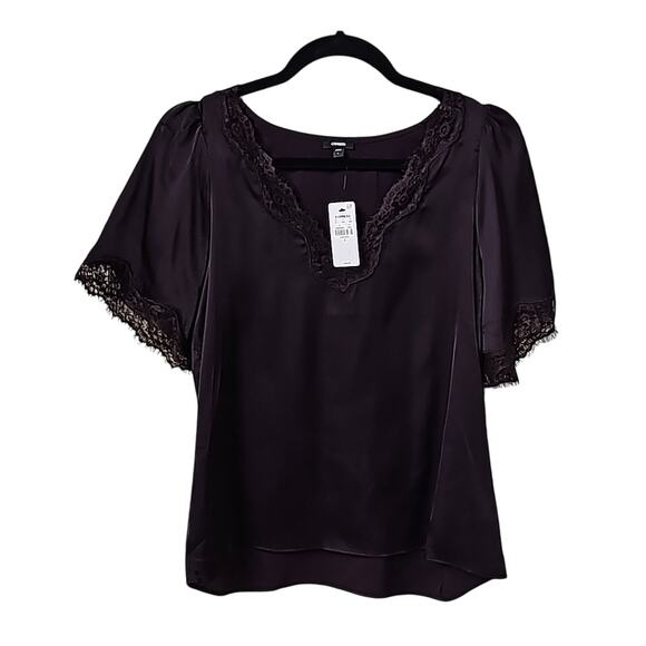 Express V Neck Lace Trim Deep Purple Top Womens Size Small NWT - Picture 1 of 9